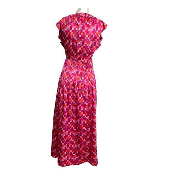 Dovima Paris Pink Checkered 100% Silk Ruffle Sleeve Tie Waist Maxi Dress L - Picture 5 of 7